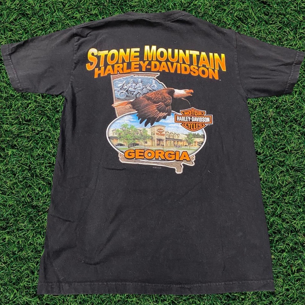 Retro Harley Davidson Stone Mountain, GA Rebel Biker Black Cotton Tee Small